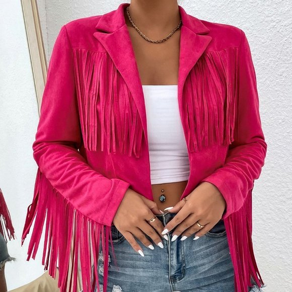 . Jackets & Blazers - Pink Casual Womens Fringe Trim Open Front Jacket